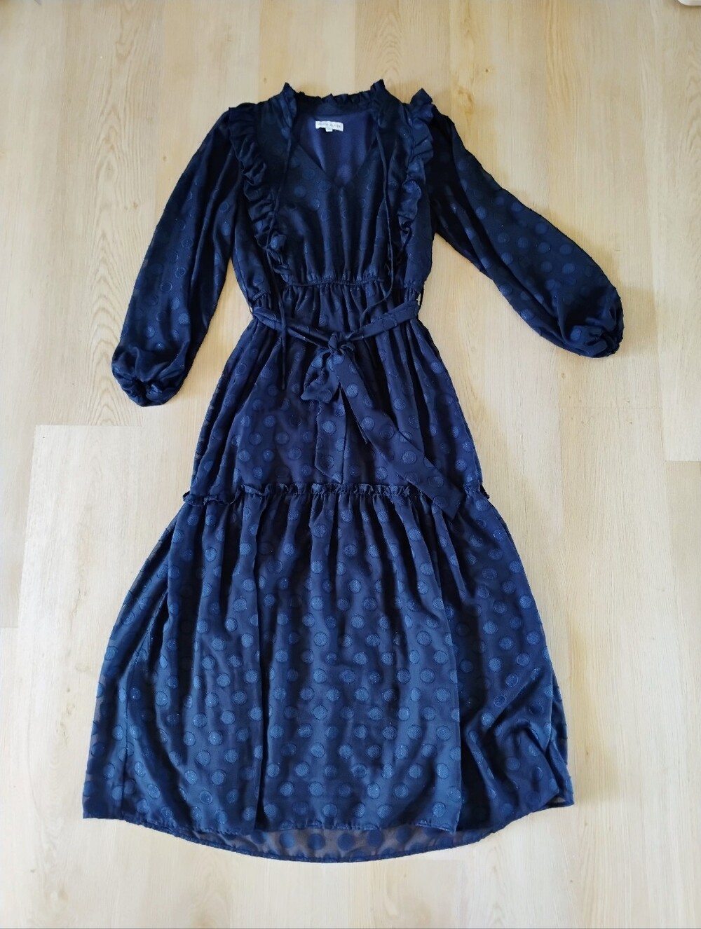 Moon River Black Polka Dot Ruffle Maxi Dress